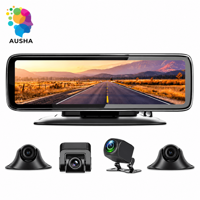 AUSHA  360° 4 Channel Car Dash Camera, 12-Inch Touchscreen, Front Rear Side Cameras, Night Vision, G-Sensor & Parking Monit