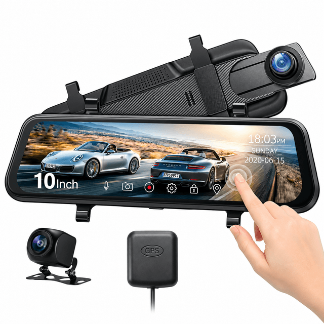 AUSHA D8 10" 4K Mirror Dash Cam, 4K Front & 1080P Rear, Touchscreen IPS, Sony STARVIS, GPS, G-Sensor, 170° Wide Angle