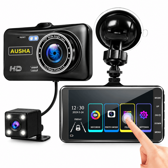 AUSHA  1080P Dual Dash Camera for Car, Front & Rear Camera, 4-Inch Touch Screen, 170° Wide Angle, Night Vision