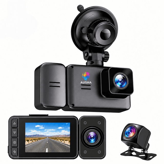 AUSHA  3 Channel Dash Cam for Car, 2.5K Front + 480P Rear & Interior Camera, WiFi, 2.0" IPS Display, 145° Wide Angle, Night