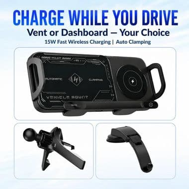 JCBL Accessories 15W Auto-Clamping Fast Wireless Car Charger Mount & Phone Holder (Dash & Air Vent Support, Qi-Certified)
