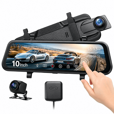 AUSHA D8 10" 4K Mirror Dash Cam, 4K Front & 1080P Rear, Touchscreen IPS, Sony STARVIS, GPS, G-Sensor, 170° Wide Angle