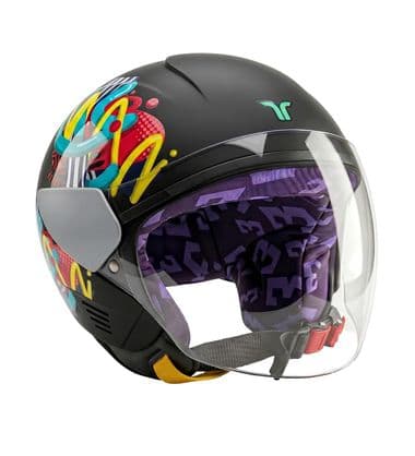 HYP3 Open Face Kids Protective Helmet ISI Certified | Shadow Black - Graffiti, Glossy