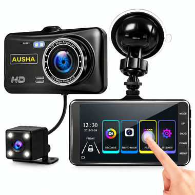 AUSHA  1080P Dual Dash Camera for Car, Front & Rear Camera, 4-Inch Touch Screen, 170° Wide Angle, Night Vision