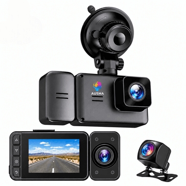 AUSHA  3 Channel Dash Cam for Car, 2.5K Front + 480P Rear & Interior Camera, WiFi, 2.0" IPS Display, 145° Wide Angle, Night